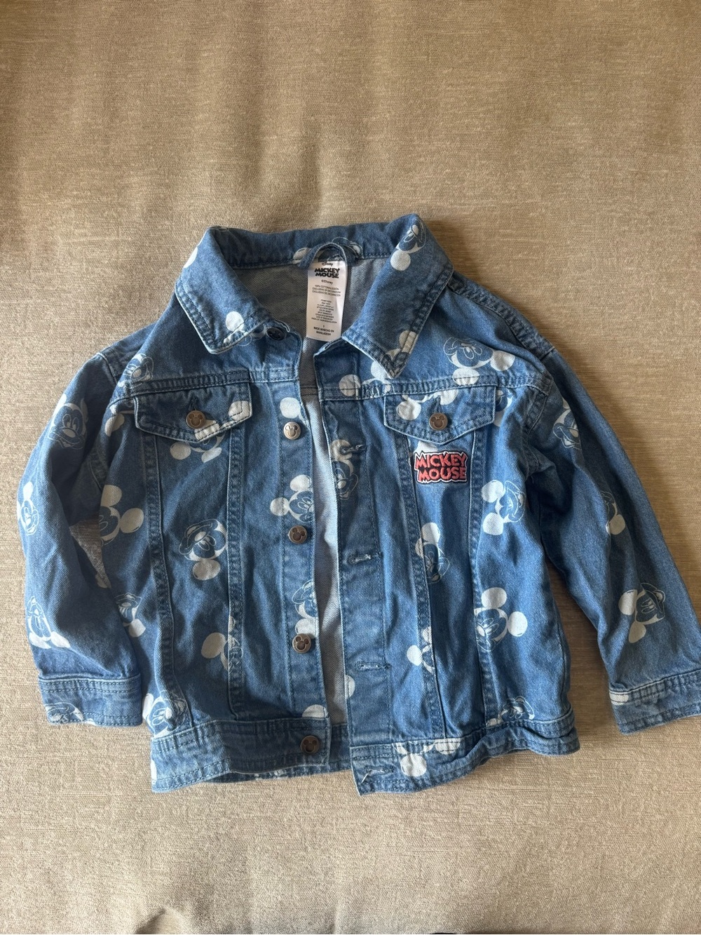 Disney Mickey Mouse Kids Denim Jacket Size 5 Blue Allover Print Jean Jacket